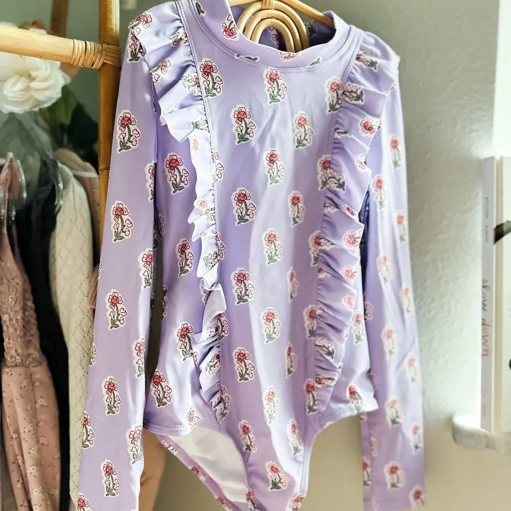 Wildflowers Along the Shore & Tiny Treasures rash guard floral flutter swimsuit